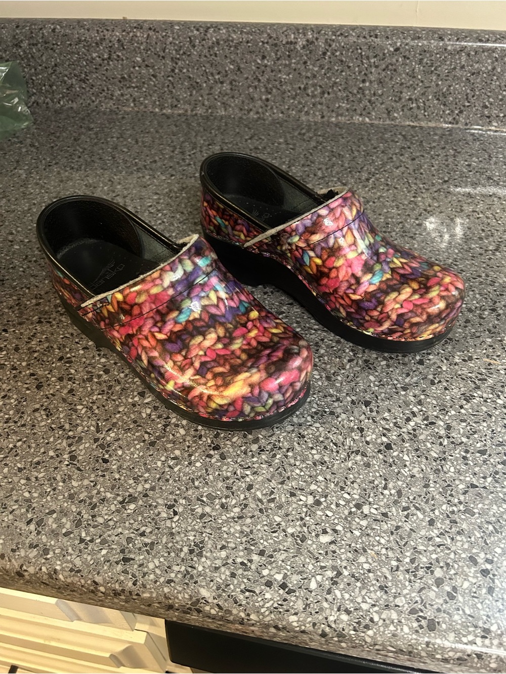Dansko Multicolor Knit-Effect Clogs in Bright Rainbow
